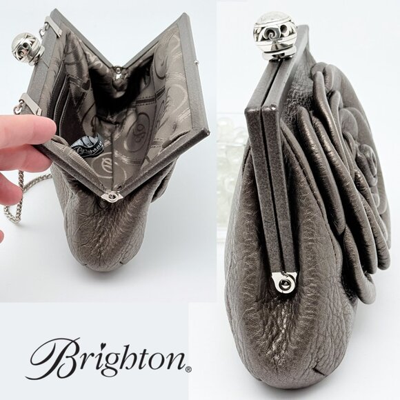 Brighton Pewter Leather Clutch Crossbody Purse Large Dimensional Flower on Front - Picture 7 of 17